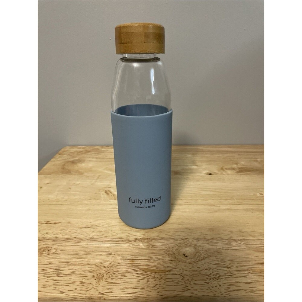 Fully Filled Glass Water Bottle 16 fl oz Bamboo Lid Blue Silicone Sleeve